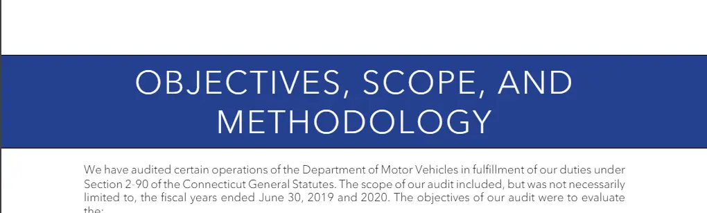 Example report page of objectives, scope, and methodology